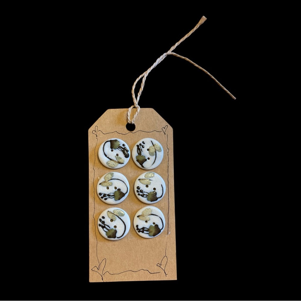 Handmade Ceramic Pottery Buttons Set of 6 White Botanical Artisan Sewing Crochet